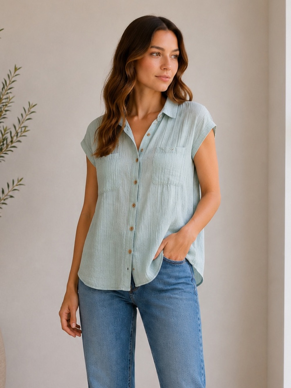 Free People Cotton Button Down Oversized Gauze Shirt in Sage Mint size Large